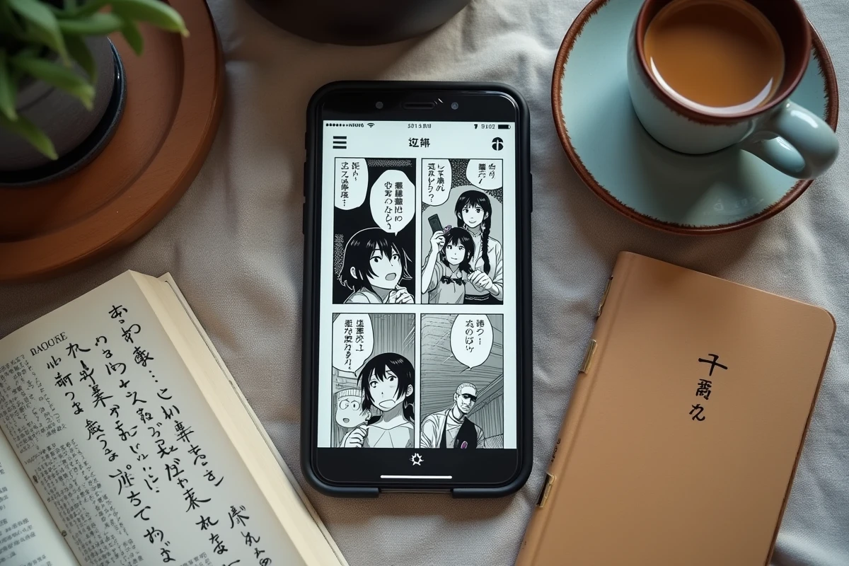 Smartphone affichant une application de lecture manga posé sur une table avec des notes manuscrites sur les alternatives à Epsilon Scan