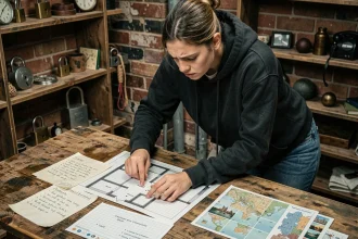 Jeune femme qui résout des énigmes dans une salle d'escape game avec des notes et plans de niveaux étalés sur une table en bois