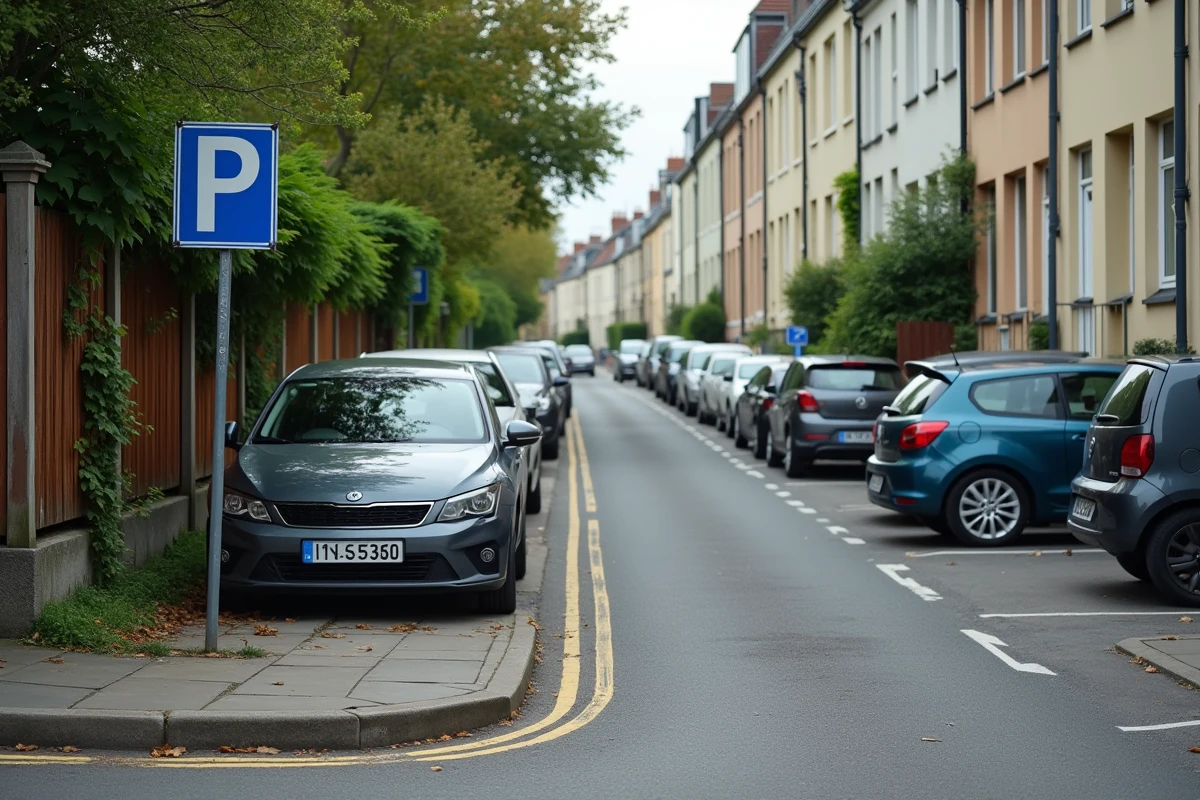 Zone de stationnement en bout d'impasse résidentielle française avec panneau parking et clôture végétalisée