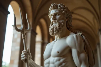 Statue en marbre de Poséidon, dieu grec de la mer, tenant un trident dans un musée archéologique