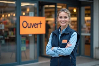 Directrice de supermarché debout à l'entrée d'une grande surface ouverte le 1er janvier, portant un uniforme bleu avec badge, devant des portes coulissantes affichant un panneau Ouvert