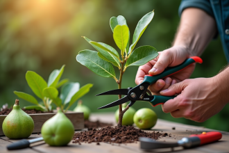 Main taillant une branche de figuier avec outils de jardinage