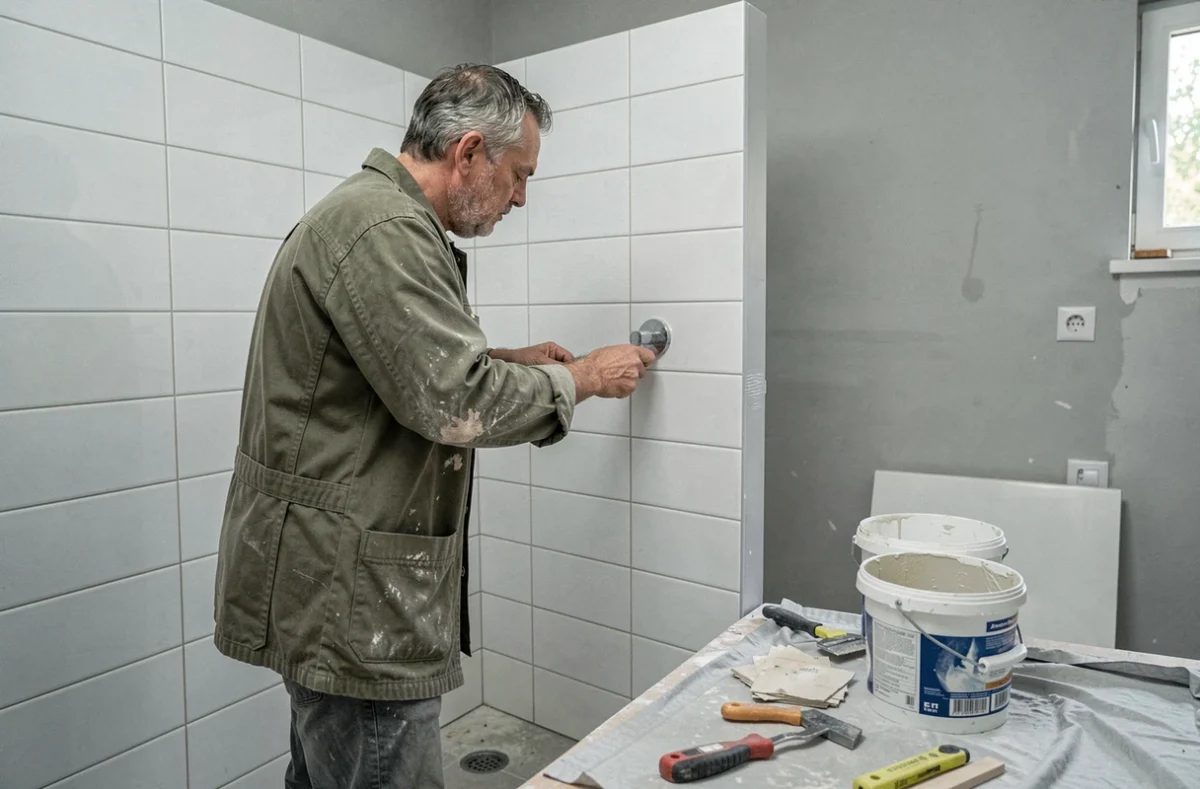 Artisan Tamacha Rénovation posant du carrelage autour d'une douche en Essonne