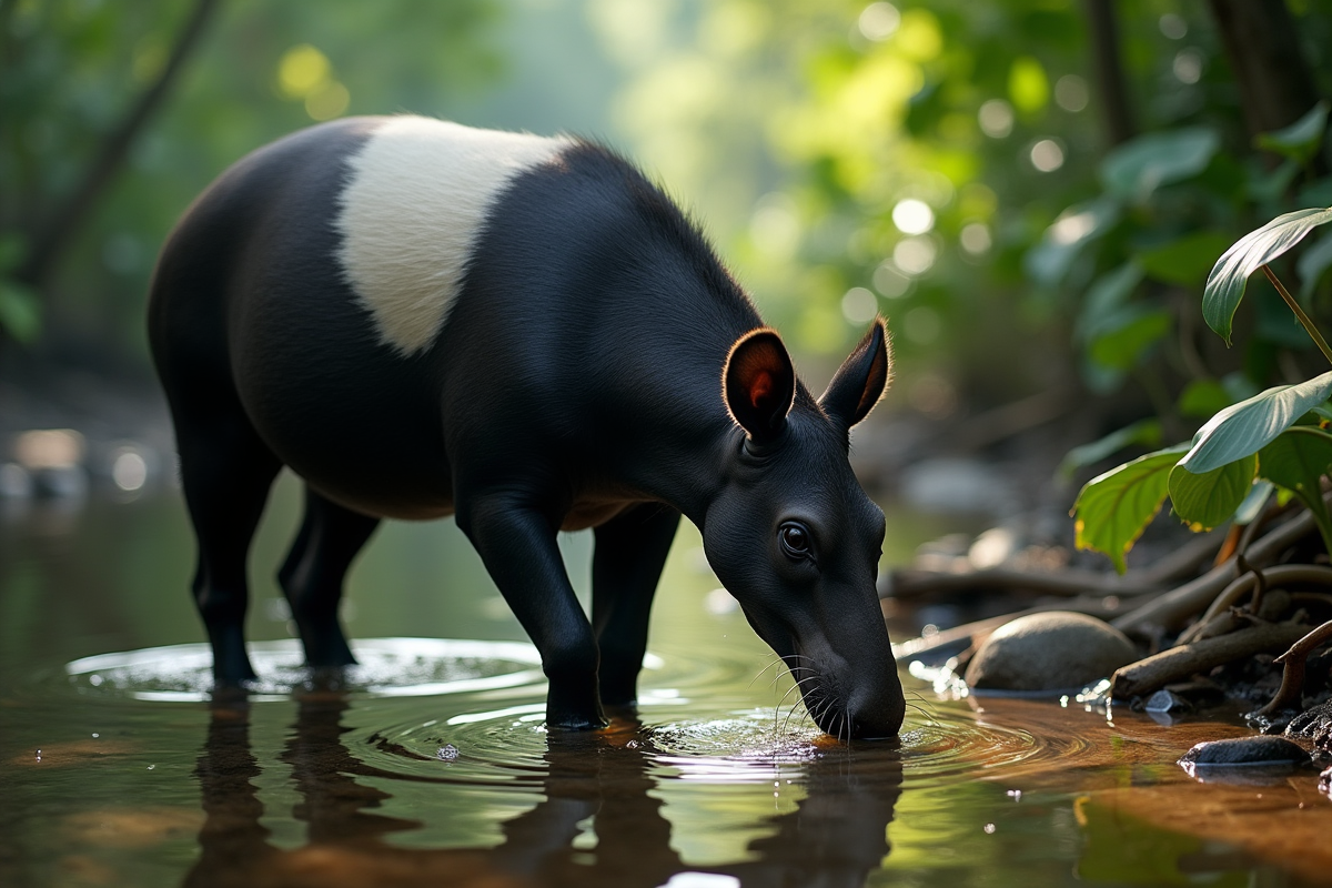 Tapir malais buvant dans une rivière tropicale