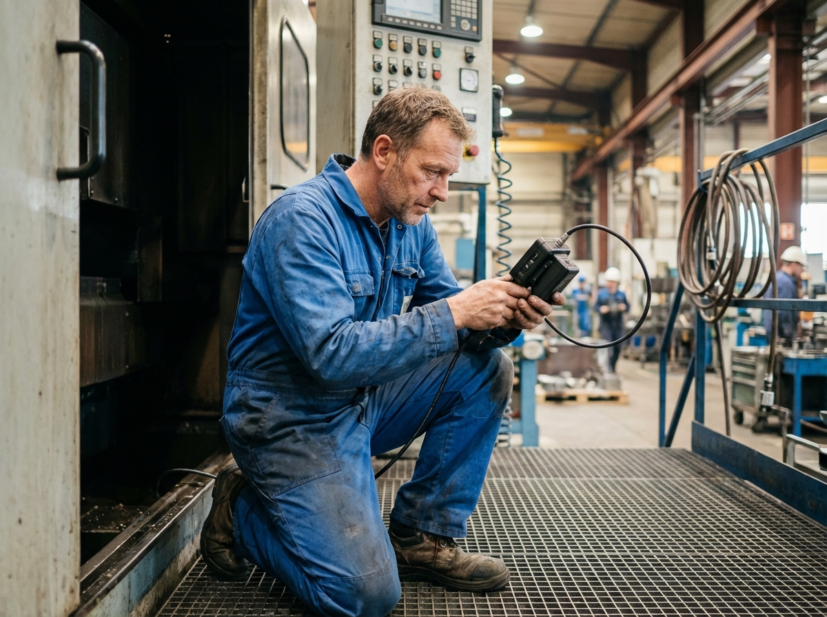 Technicien en overalls utilisant un videoscope dans une usine