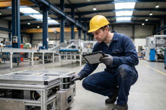 Technicien de maintenance inspectant un véhicule à guidage automatique AGV sur une ligne de production industrielle