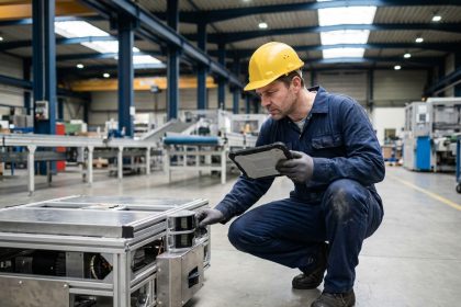 Technicien de maintenance inspectant un véhicule à guidage automatique AGV sur une ligne de production industrielle