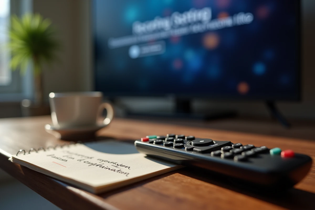 Télécommande Orange TV et notes manuscrites sur les réglages d'enregistrement posées sur une table en bois