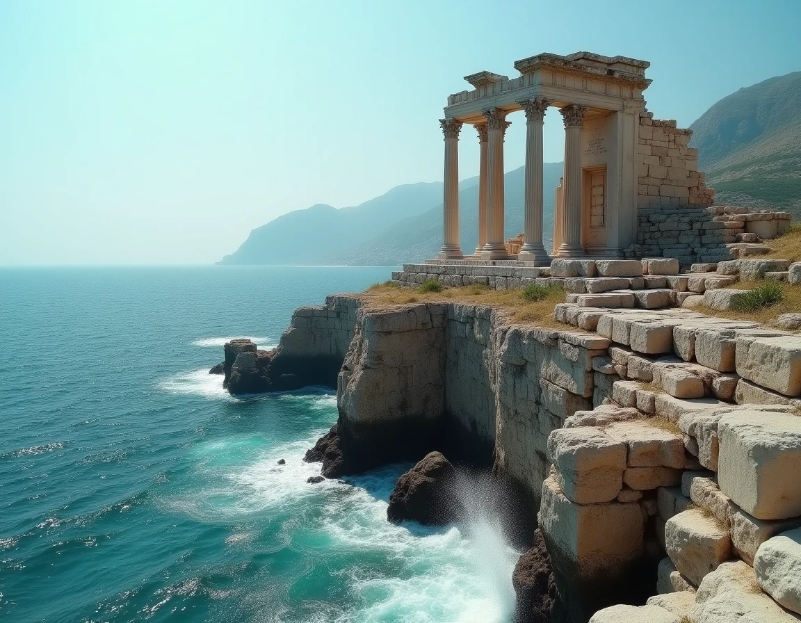 Ruines d'un temple grec antique sur une falaise surplombant la mer Méditerranée, évoquant le culte de Poséidon