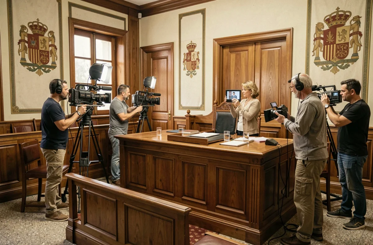 Tournage en coulisses d'une série espagnole dans un tribunal reconstitué des années 1990