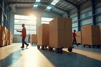 Travailleurs en entrepôt industriel déplaçant de gros cargos