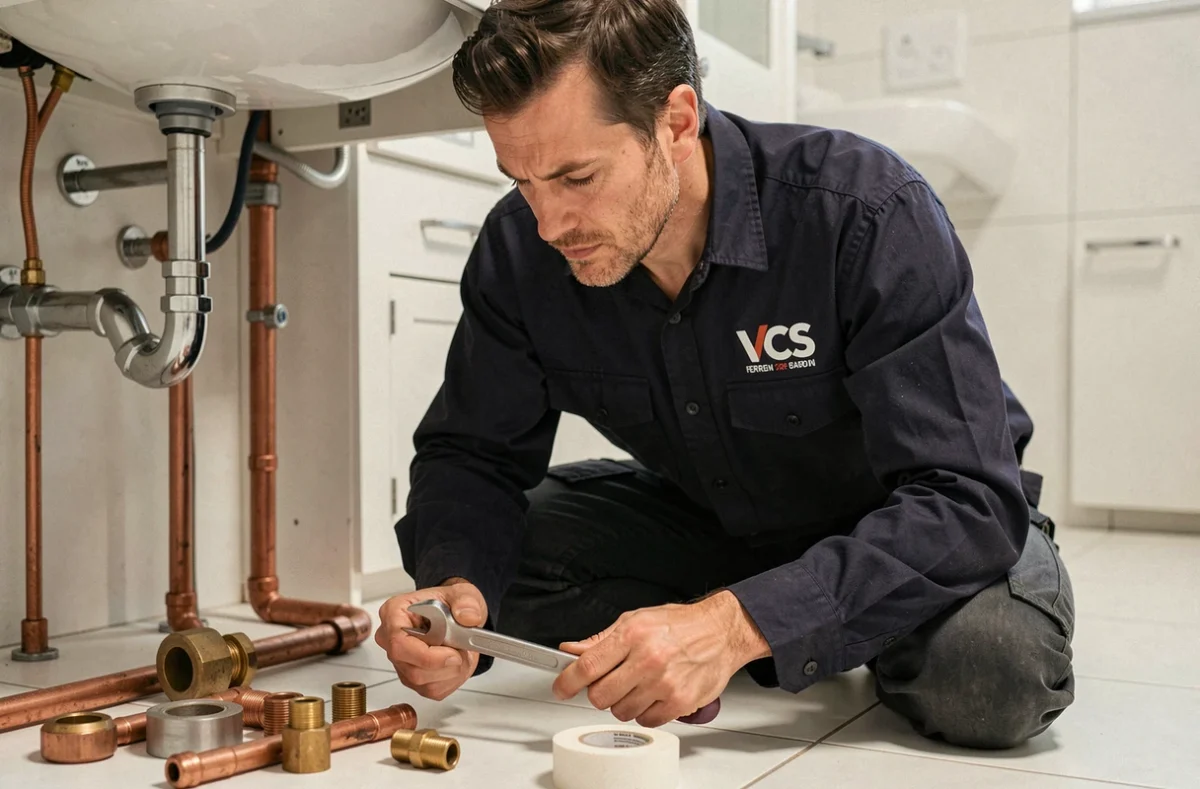 Technicien VCS Plomberie réparant une fuite sous un lavabo en Essonne