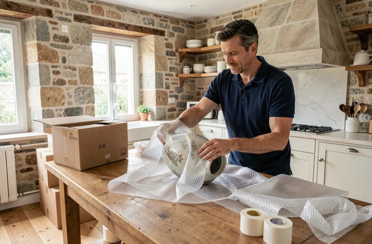 Homme emballant un objet en céramique pour une vente en ligne vers l'Italie depuis sa cuisine française