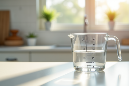 Verre mesureur d'eau sur plan de travail lumineux