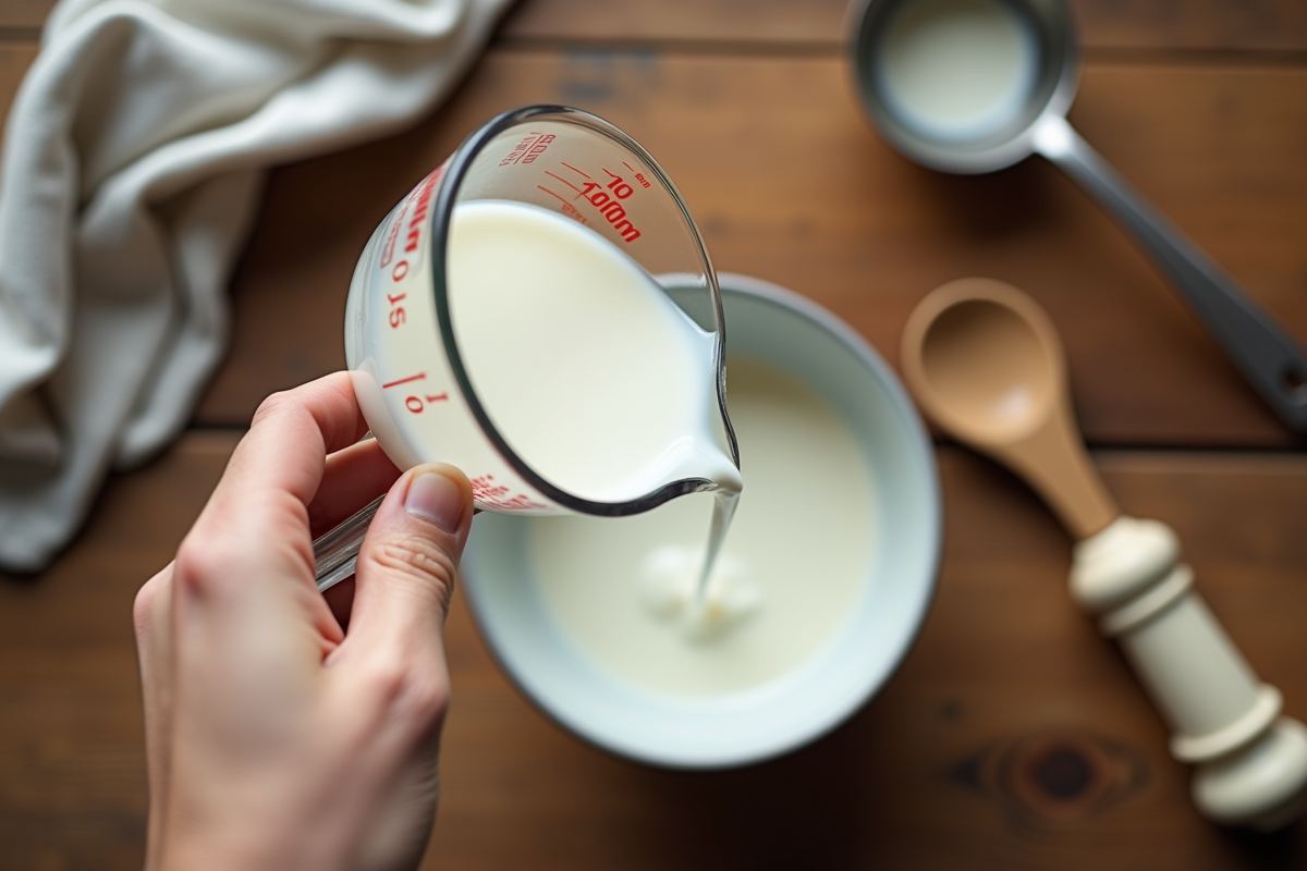 Main versant du lait dans un bol en cuisine rustique