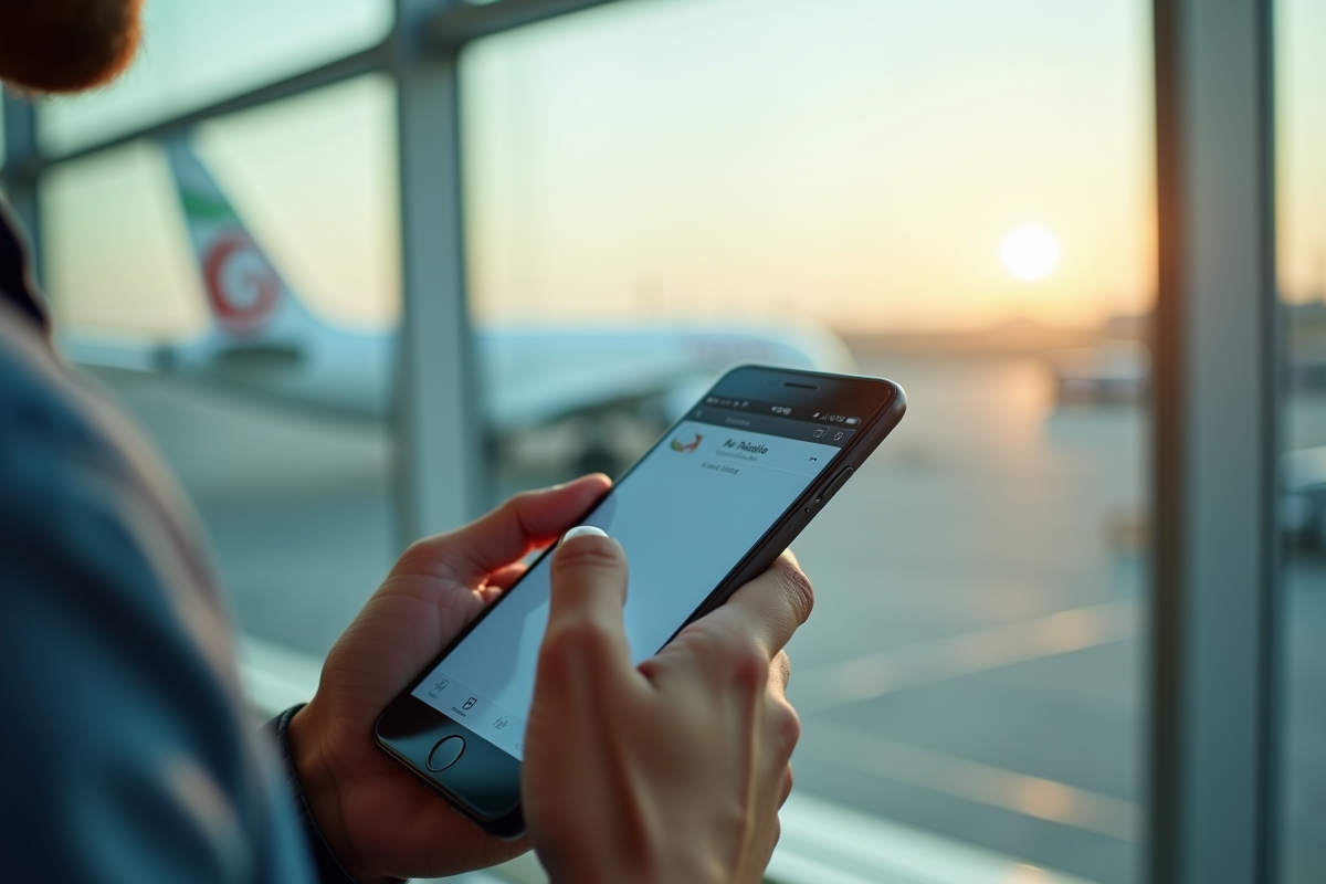 Voyageur utilisant un smartphone pour réserver un vol Air Algérie à l