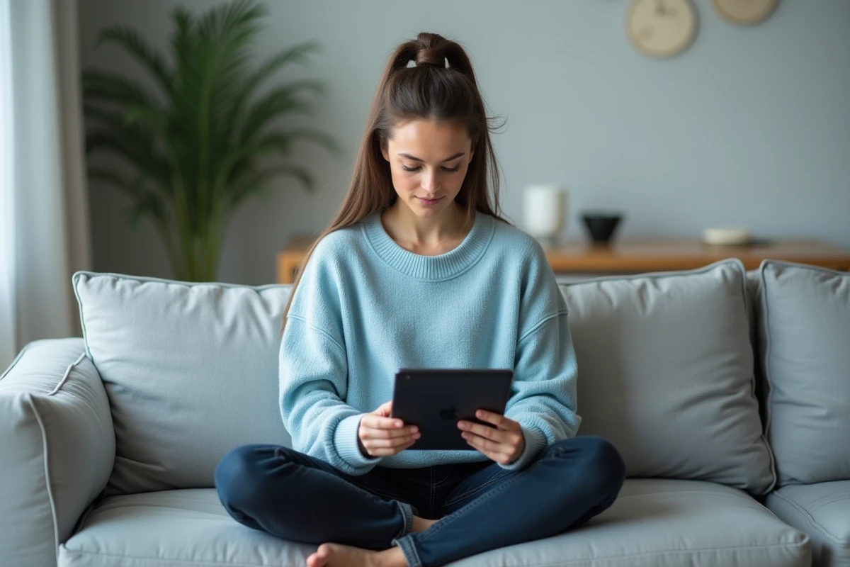 Jeune femme utilisant une application VPN sur tablette pour accéder à un site bloqué