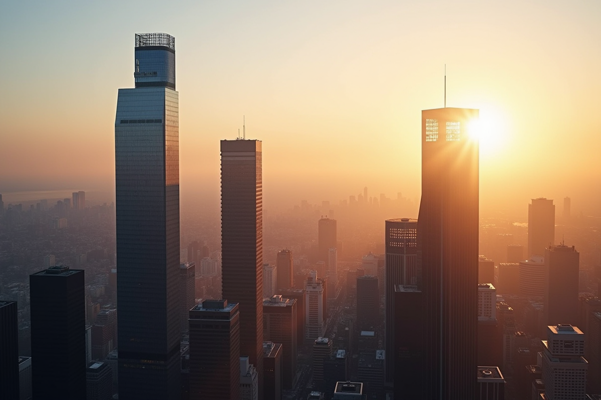 Vue aérienne de trois gratte-ciel au lever du soleil