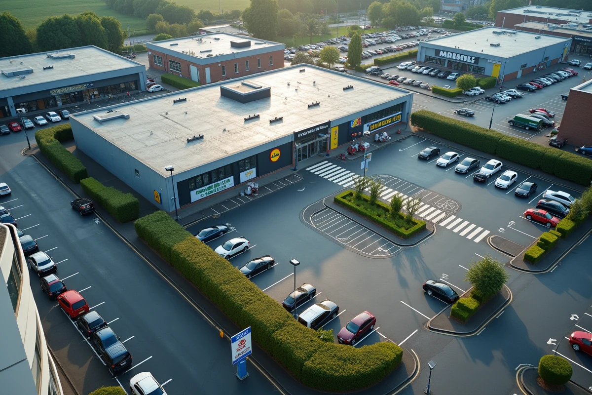 Vue en plongée d'un parking Lidl bien organisé dans une zone commerciale accessible en voiture