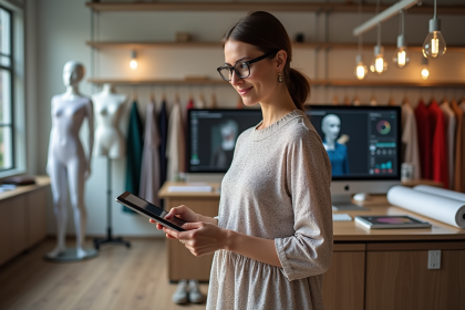 Femme élégante en robe numérique dans un studio de mode